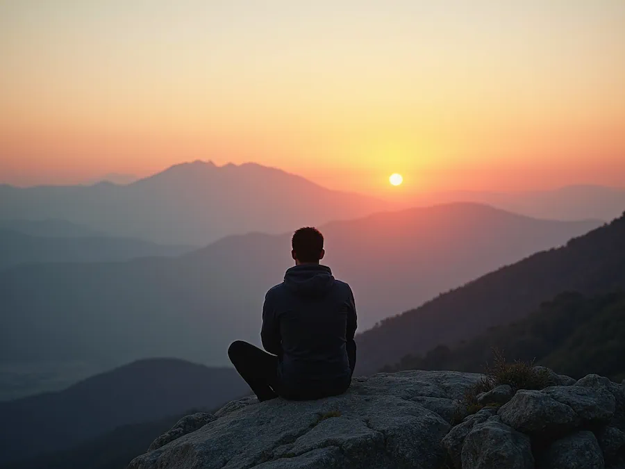 Person sitting on a rock overlooking mountains at sunrise, reflecting in a calm setting