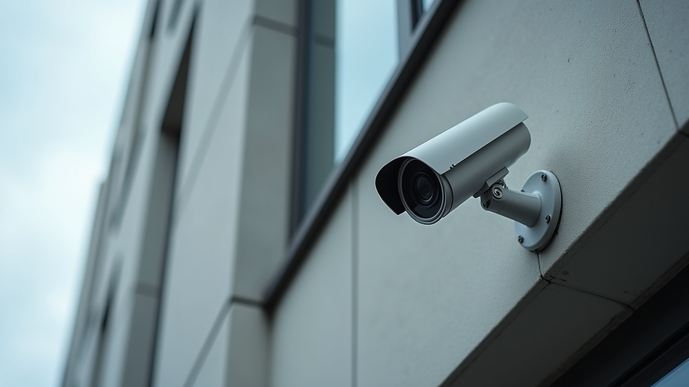 Eye-level view of a POE security camera mounted on a building exterior