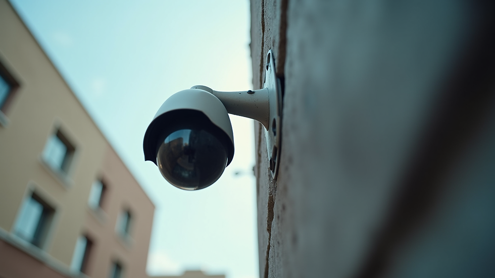 Eye-level view of a security camera mounted on a building corner