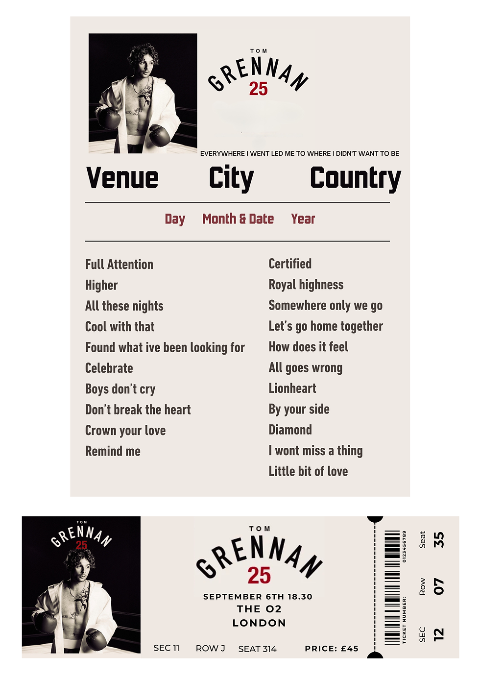 Personalised Artist Set List & Custom Concert Ticket Print – Unique Fan Gift!