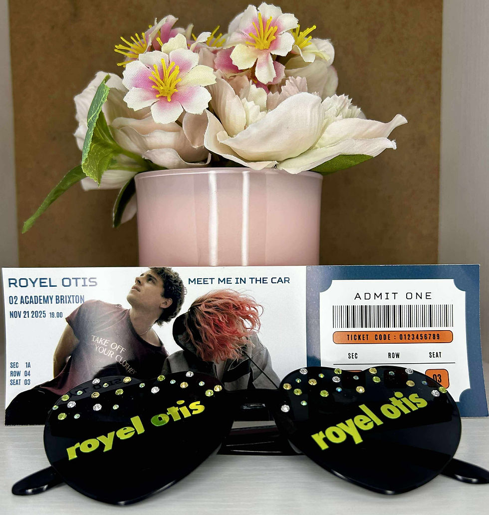 Royel Otis Custom Concert ticket (mock) and Concert glasses