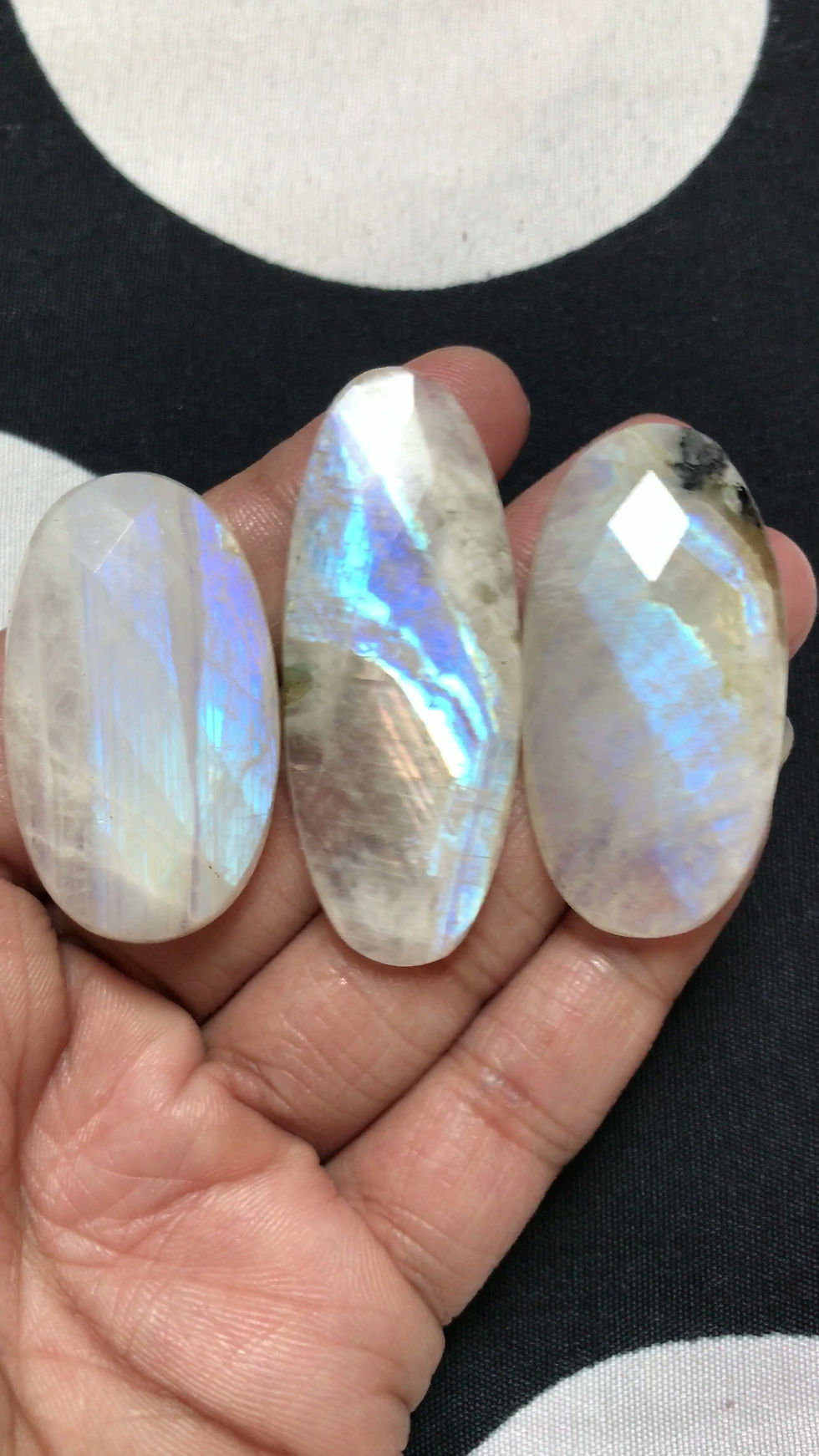 Thumbnail: Rainbow Faceted Moonstone Cabochons 3 Piece Size 52-40 MM Approx