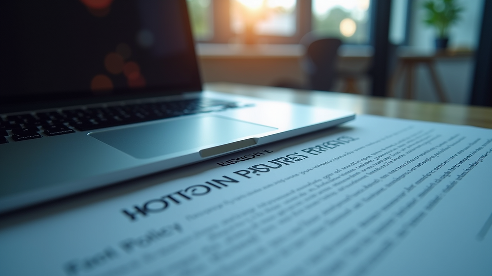 Close-up view of a laptop with a return policy document beside it