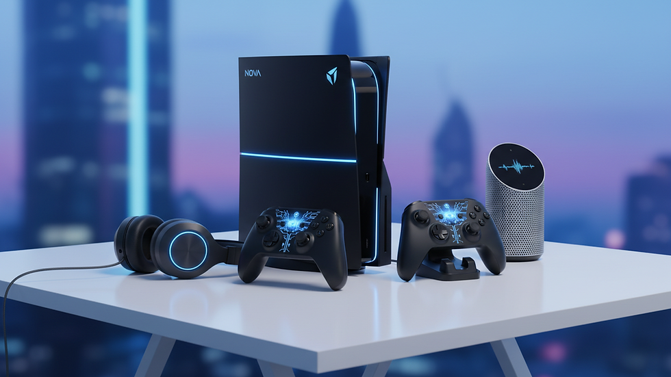 Close-up view of a gaming console and accessories on a table