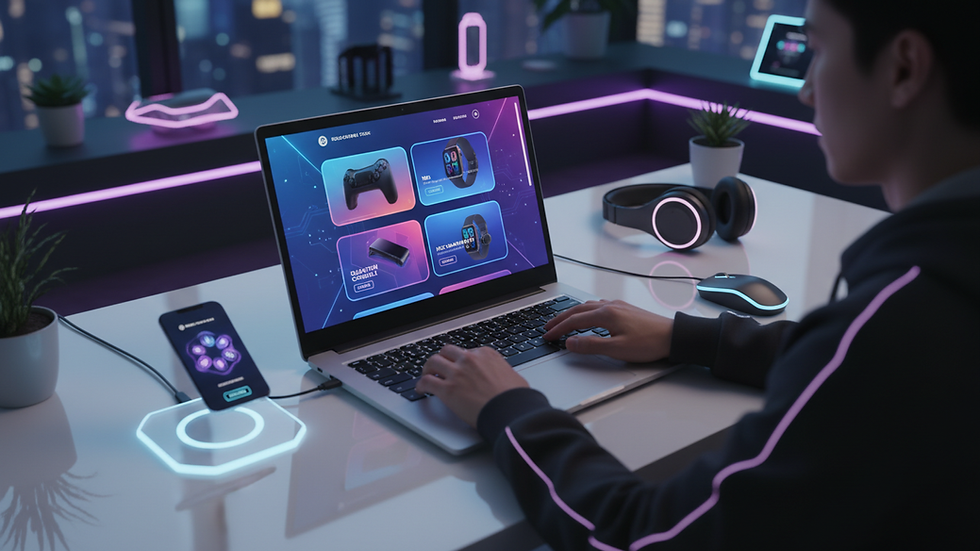 High angle view of a person browsing an online electronics store on a laptop