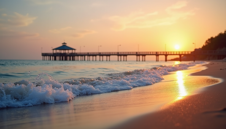 Eye-level view of a peaceful beach with calm waves and a wooden jetty extending into the water
