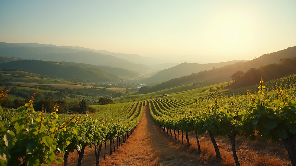 Wide angle view of rolling hills and vineyards