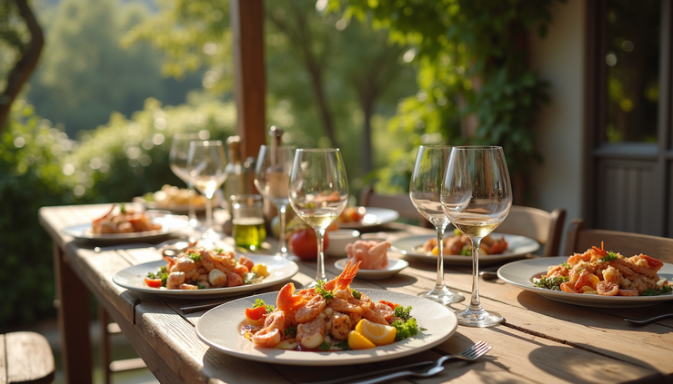 High angle view of a rustic outdoor dining area with fresh seafood dishes and wine glasses