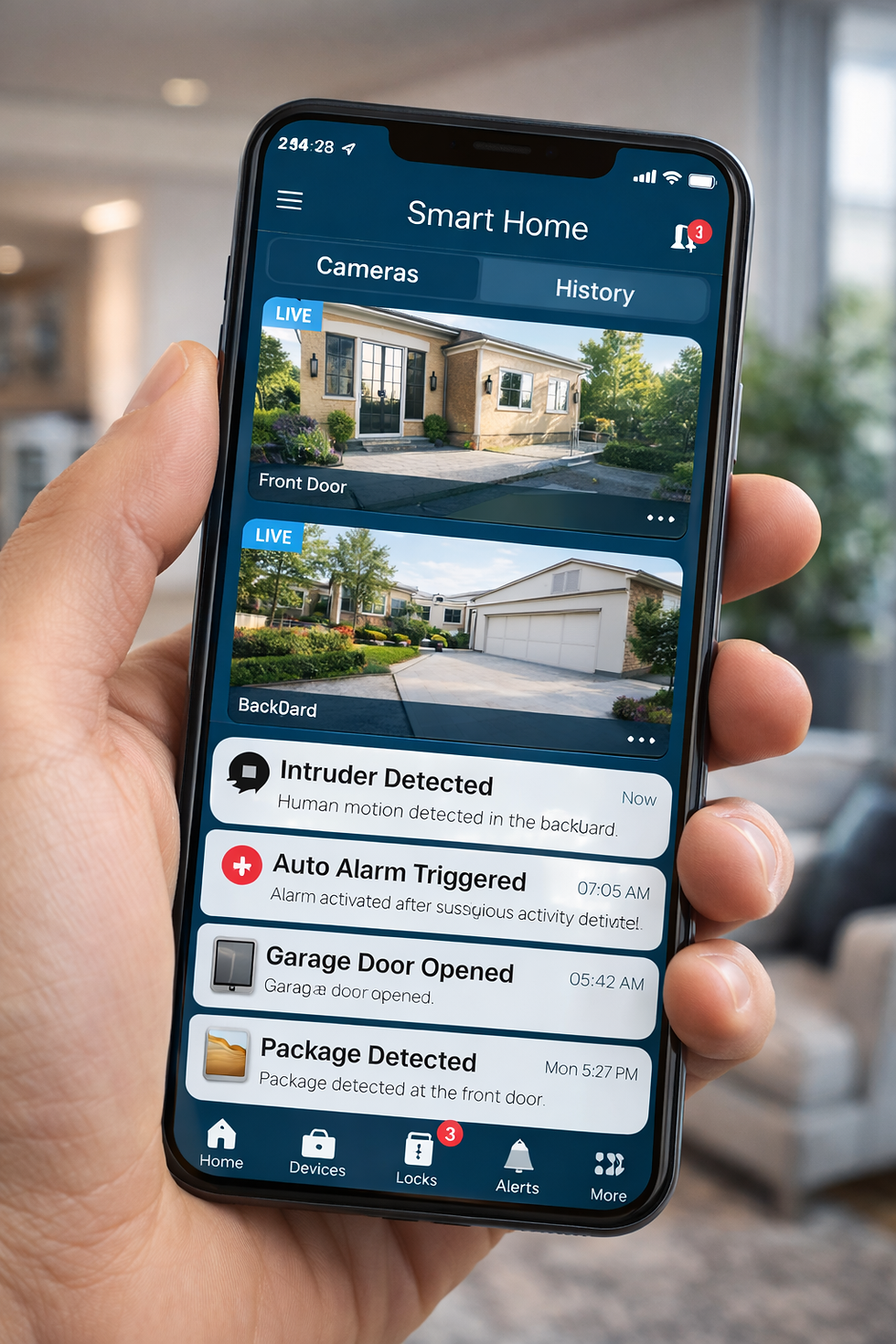  Sistema di sicurezza Smart Home con telecamere intelligenti e controllo da smartphone in casa moderna