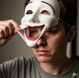 Persona che toglie una maschera sorridente, rivelando un'espressione stanca e autentica."