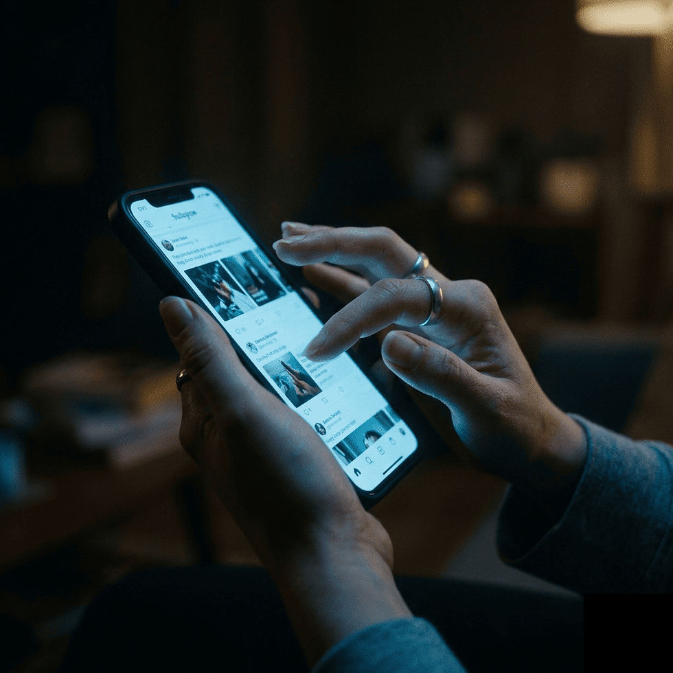Mano che scorre il feed di uno smartphone immersa nella luce blu dello schermo, metafora dell'economia dell'attenzione e dei meccanismi algoritmici dei social media