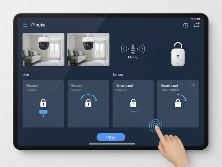 Un'interfaccia utente moderna e intuitiva di un sistema di sicurezza smart home, che mostra icone connesse a telecamere di sorveglianza, sensori di movimento e serrature intelligenti, simbolo del controllo totale sulla propria abitazione.