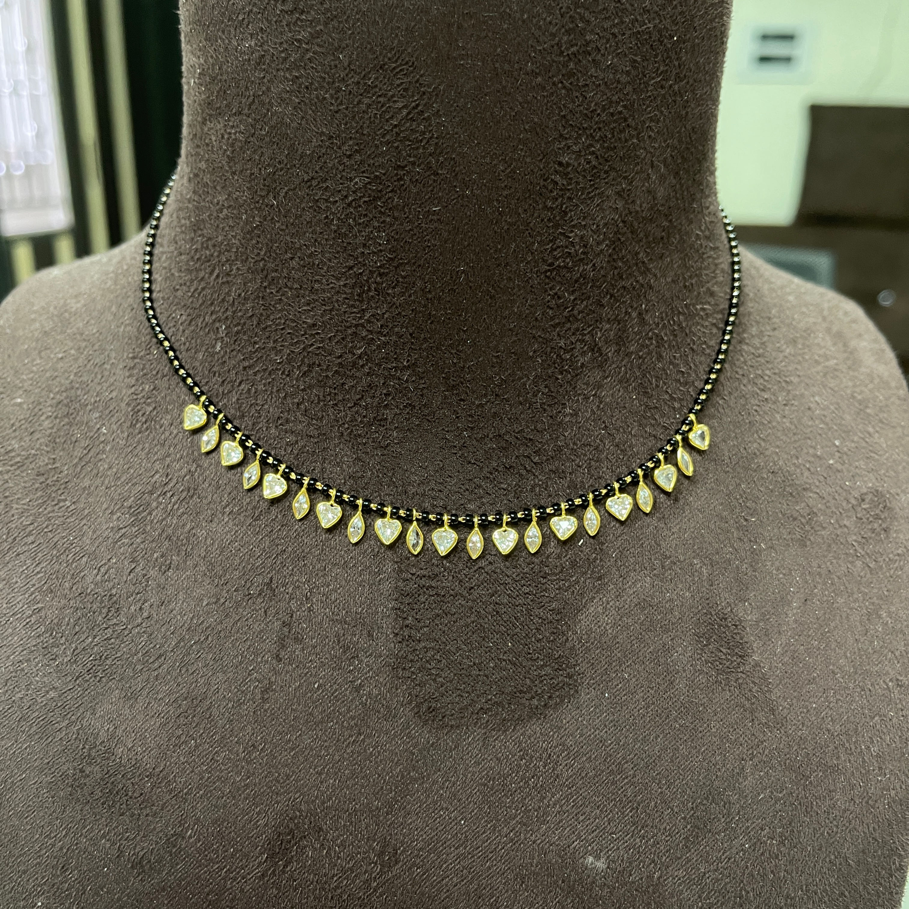 22Kt Gold Black beads Czs Chain . Heart & Marquis Shape 