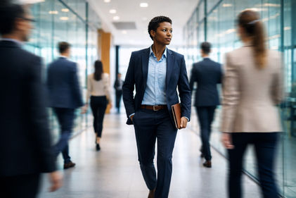 A professional woman of colour walks confidently through a modern office environment, symbolizing leadership, momentum, and purposeful action in a changing workplace.