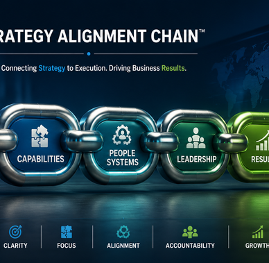 A professional business graphic illustrating the Strategy Alignment Chain™. Five interconnected metallic links labeled Strategy, Capabilities, People Systems, Leadership, and Results form a chain leading to an upward growth graph and business performance dashboard. The image represents how organizational alignment transforms strategic intent into measurable business outcomes.