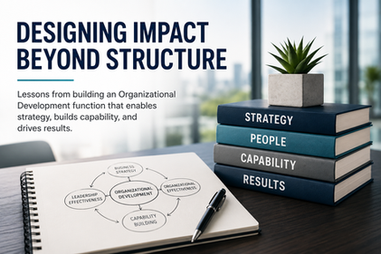 Desk with notebook diagram, pen, stacked books labeled Strategy, People, Capability, Results, and a potted plant under title text.