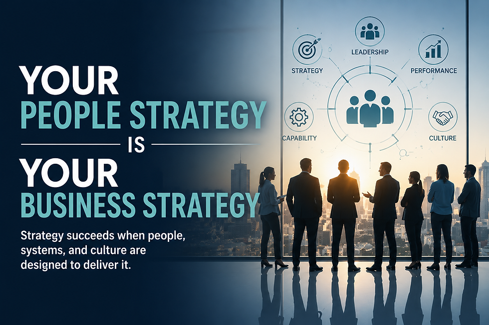 Hero image for a leadership and organizational effectiveness article titled “Your People Strategy Is Your Business Strategy.” The image shows a group of business professionals standing in front of floor-to-ceiling windows overlooking a city skyline. Overlaid graphics connect people, leadership, capability, culture, strategy, and performance around a central workforce icon. Large text emphasizes the relationship between people strategy and business strategy, reinforcing the idea that organizational success depends on aligning people, systems, and culture with strategic goals.
