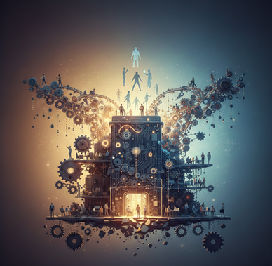 Steampunk machine with gears and circuits. Silhouettes of people stand on platforms, glowing figure ascends. Warm, glowing colors. Futuristic mood.