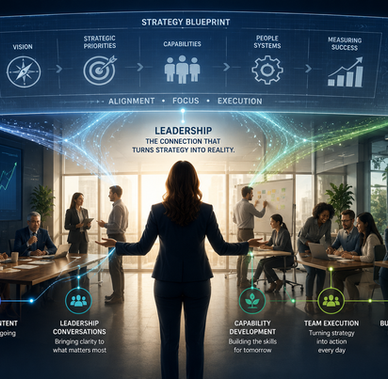 A conceptual business leadership image showing a leader translating a strategic blueprint into organizational action. Strategic priorities, capabilities, people systems, and business goals flow through leadership conversations, capability development, and team execution to produce business results, illustrating how leaders connect strategy to employee experience.