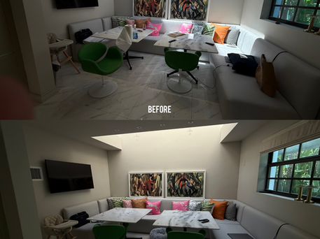 Living space cleaned and tidied, before and after