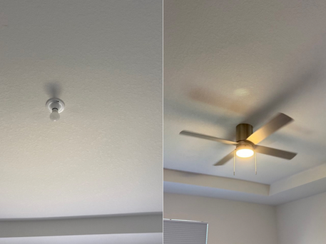 Before and after replacement of a ceiling light with a ceiling fan
