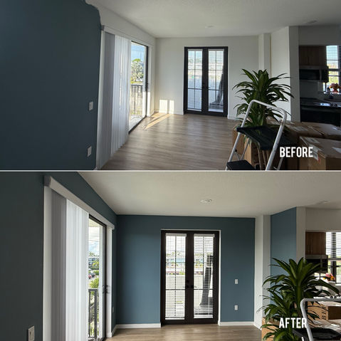Before and after interior wall painting by Miami handyman – dark teal walls refreshed to fresh modern color in condo living room