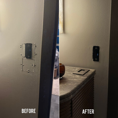 Before and after light switch wall repair by Miami handyman – damaged drywall hole around dimmer switch patched, smoothed and painted dark beige seamless finish in hallway
