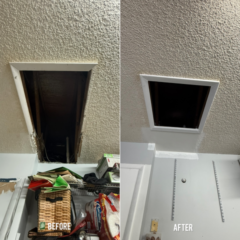 Before and after attic access hatch repair by Miami handyman – damaged ceiling opening with broken frame patched, sealed and painted white for clean look in kitchen pantry area