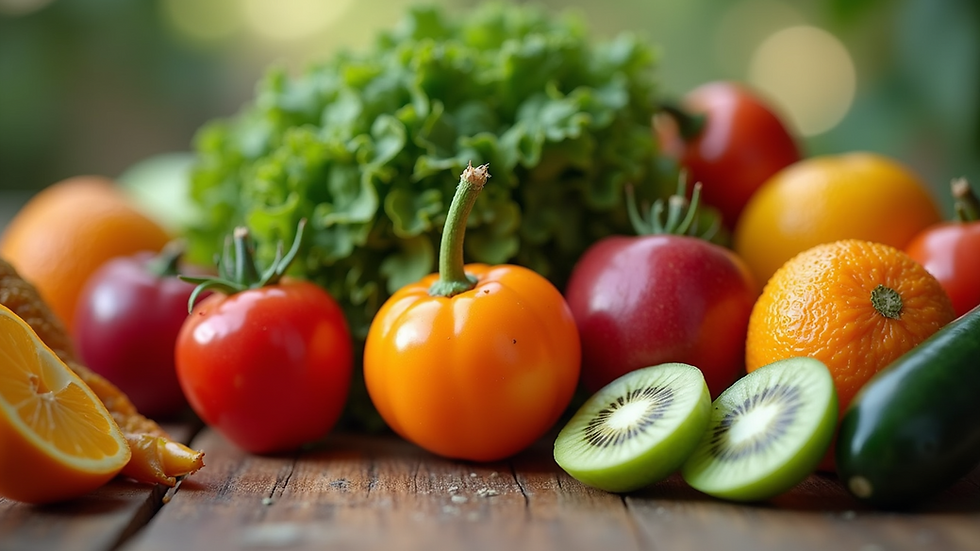 Close-up view of colorful fresh fruits and vegetables on a wooden table