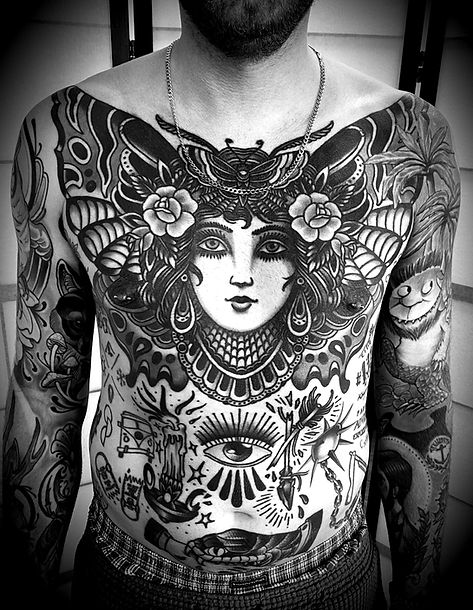 american traditional old school full chest tattoo. black and grey traditional artist custom design full torso butterfly girl head tattoo