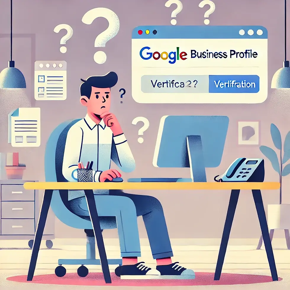 A person sitting at a desk, looking confused, with a computer screen displaying a Google Business Profile verification page. The desk has documents and a phone, symbolizing different verification methods. Question marks float above the person's head, highlighting the troubleshooting process. The background features a simple office setting.