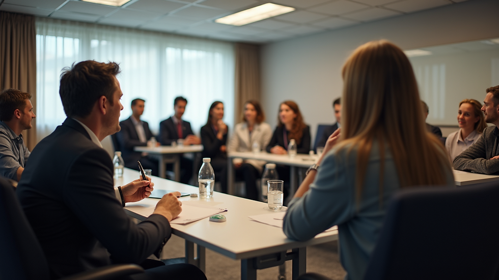 Eye-level view of a workshop room with participants engaged in discussion