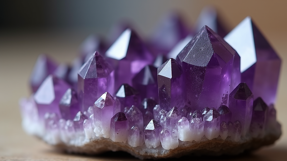 Close-up view of polished amethyst crystal cluster