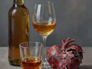 Graphic drawing showing various forms of alcohol and a damaged heart