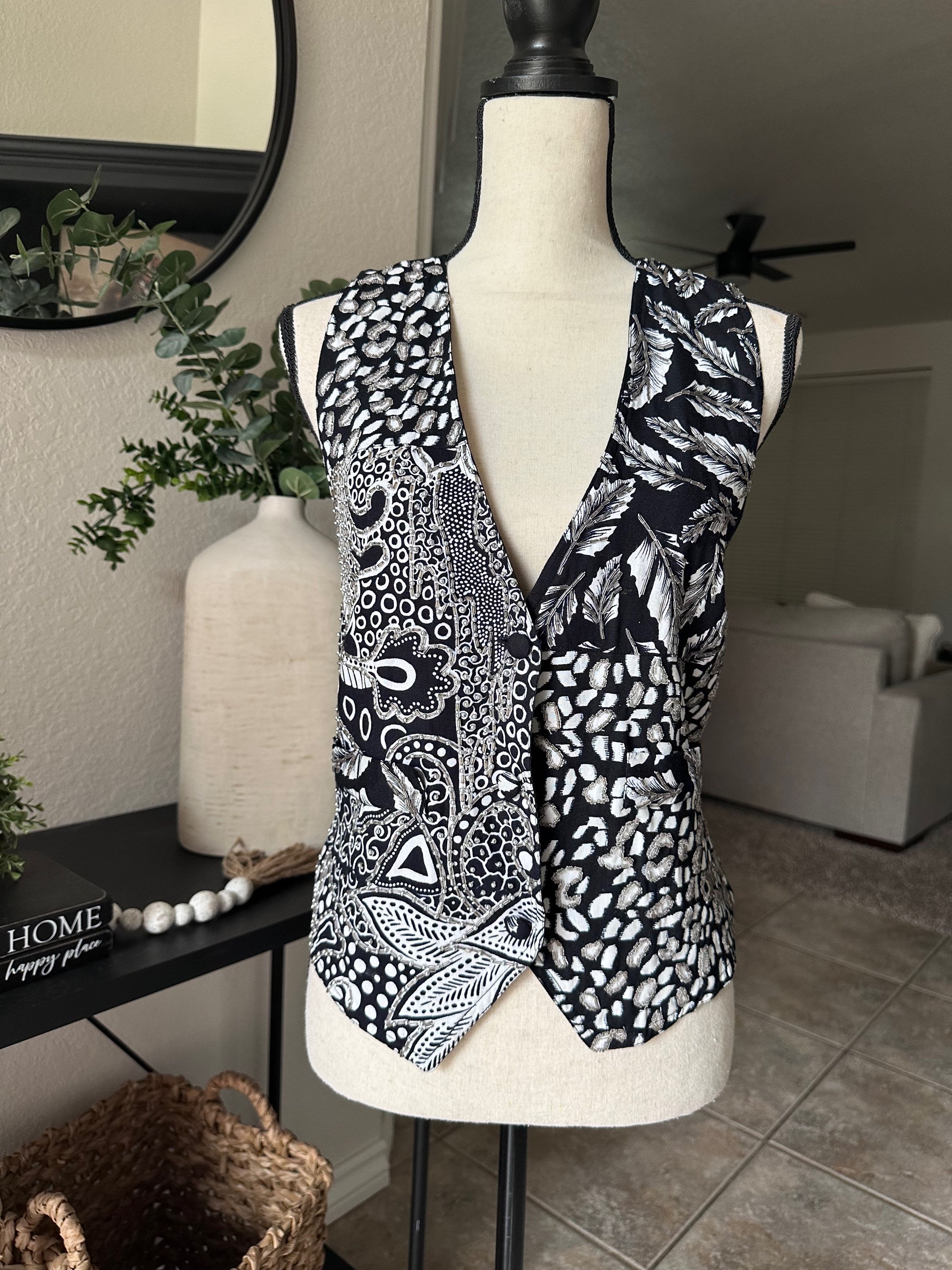 Vintage Black and White Geometric Beaded Vest Top Sz L