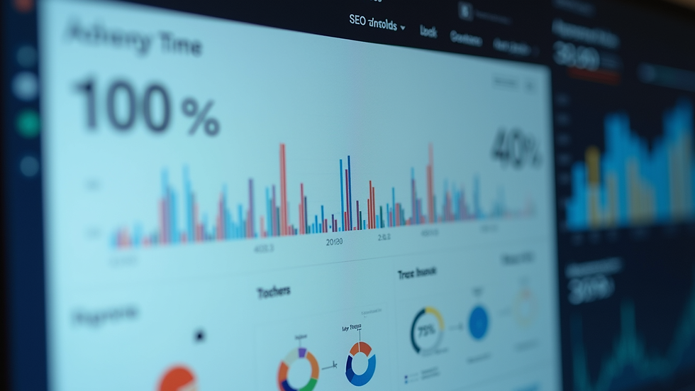 Close-up view of a digital marketing dashboard showing SEO metrics and AI analytics