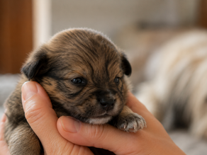 Breeder hands holding a puppy with mother dog resting in the background