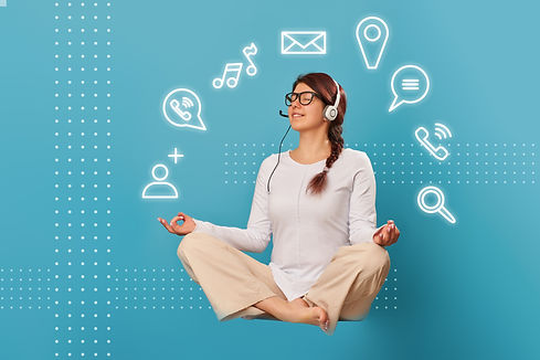 Woman levitates in lotus position with headset. Concept of balance,tech support, work from