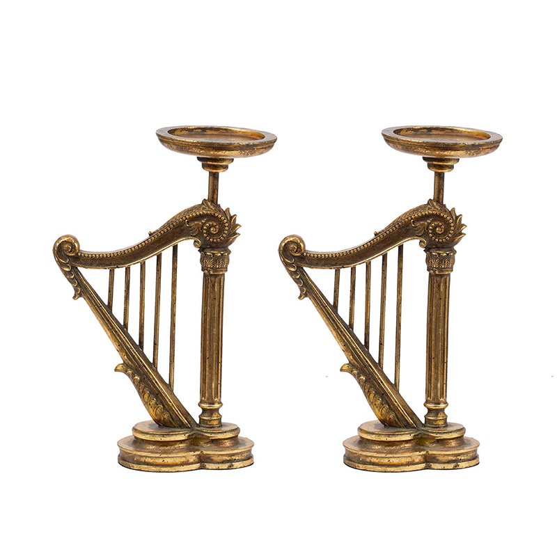 Thumbnail: S/2 Antique Gold Harp Candle Holder