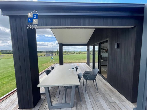 “Colour‑matched Ziptrak® outdoor blind seamlessly integrated into a new build alfresco area in Rolleston, Christchurch.”