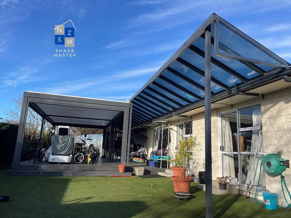 Integrated pergola and louvre roof creating a versatile outdoor space in Christchurch.