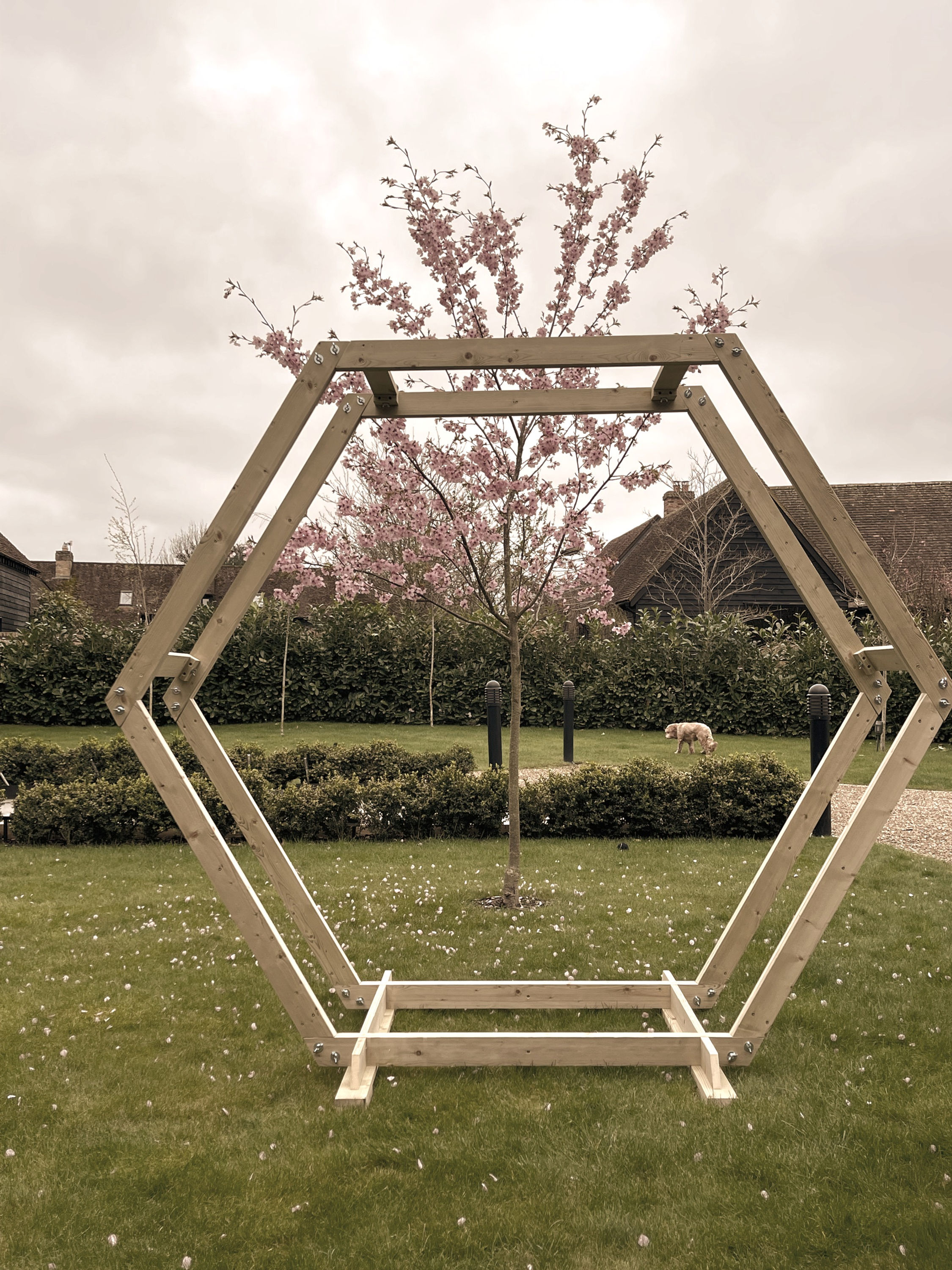 Handmade, wooden double hexagon arch backdrop