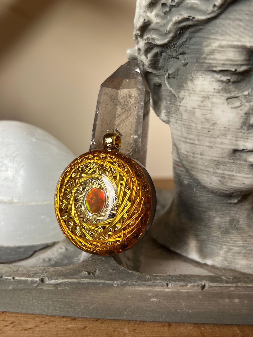 Thumbnail: Fire Opal Orgonite Pendant: EMF Protection, Copper Spiral Jewelry