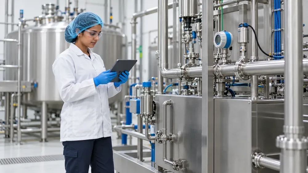 Illustration of an engineer reviewing hygiene information beside processing equipment