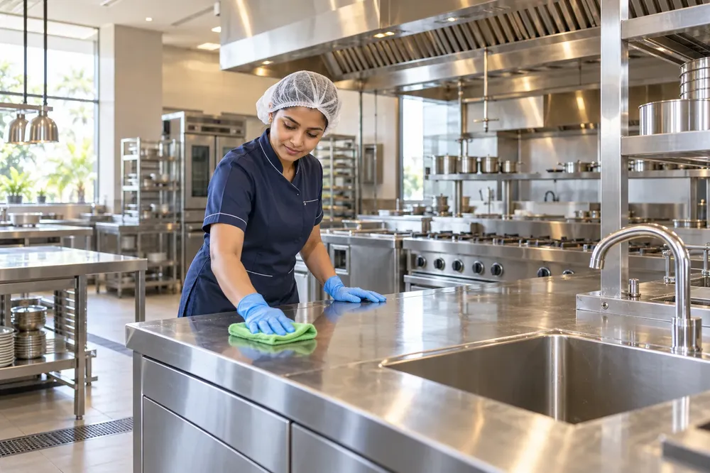 Illustration of a professional cleaner working in a commercial kitchen