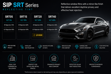 SRT Series
● Strong Daytime Privacy Effect
● Reflective Exterior Appearance
● Effective Solar Heat Reduction
● Helps Reduce Glare
● Blocks Up to 99%-100% UV Rays
● Cost-Effective Window Film Solution
● Available in Multiple VLT Options