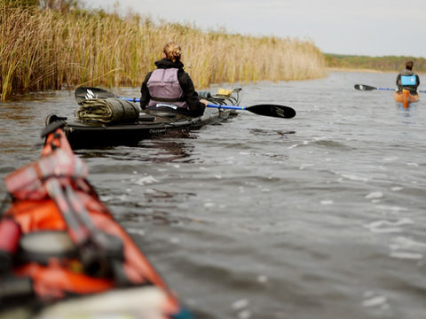 Paddler auf schmalem See mit Schilf in frischer Frühlingsstimmung während geführter Kajaktour in der Mecklenburgischen Seenplatte