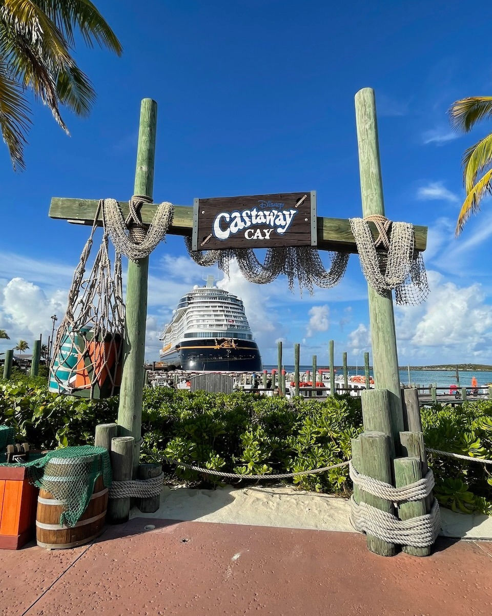 Entry to Disney's Castaway Cay with Disney Cruise Ship in the back