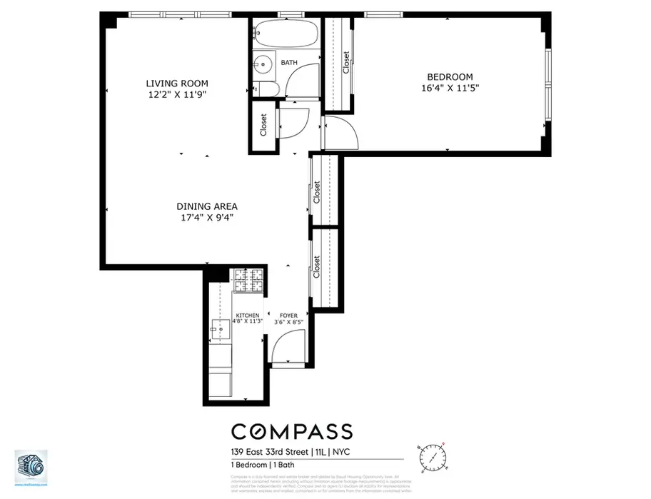 One-bedroom apartment floor plan showing living, dining, and kitchen areas, created by RealtaSnap for Compass listing.