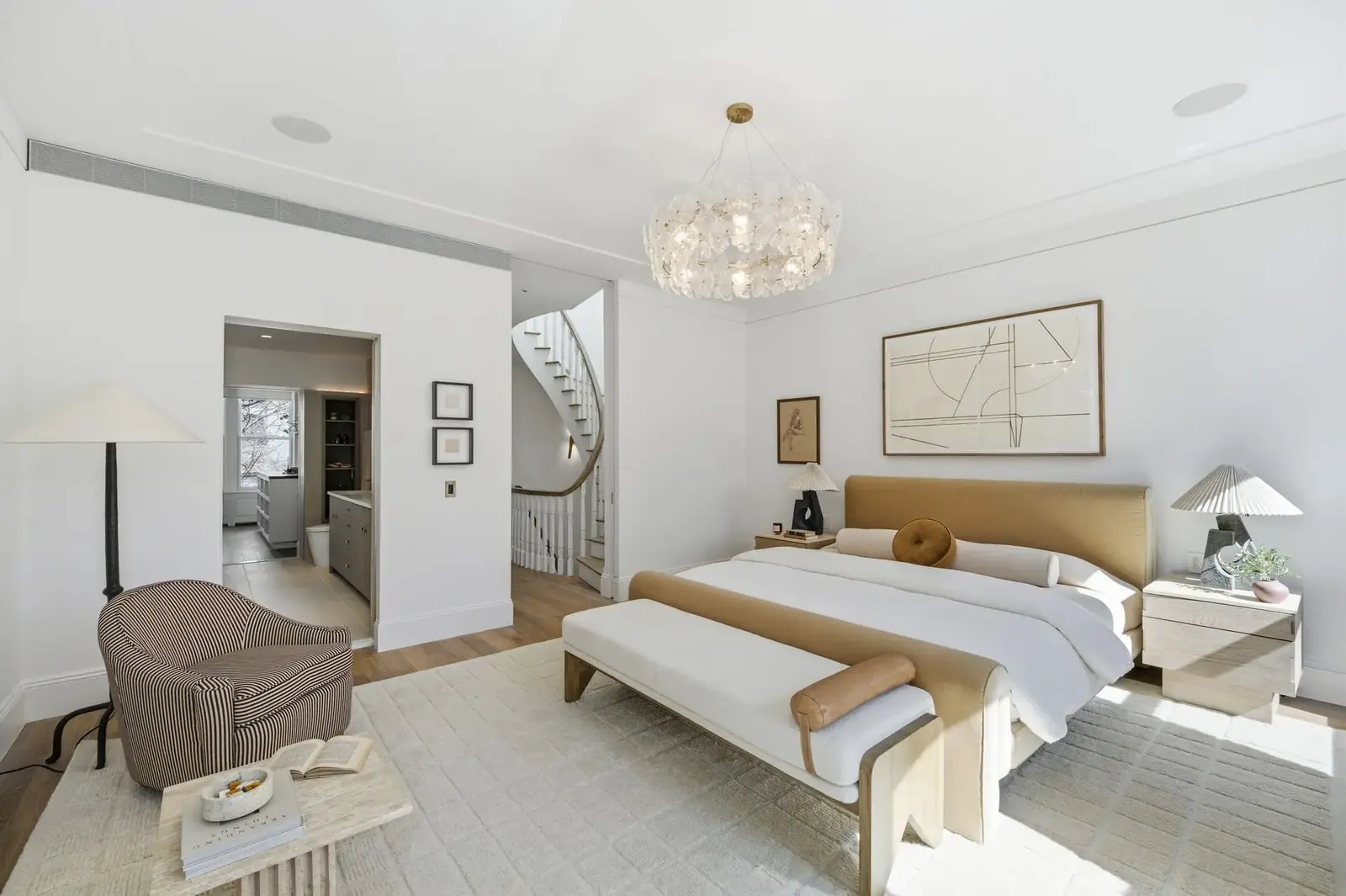 Professional real estate interior photography &ndash; luxury living room with city skyline view